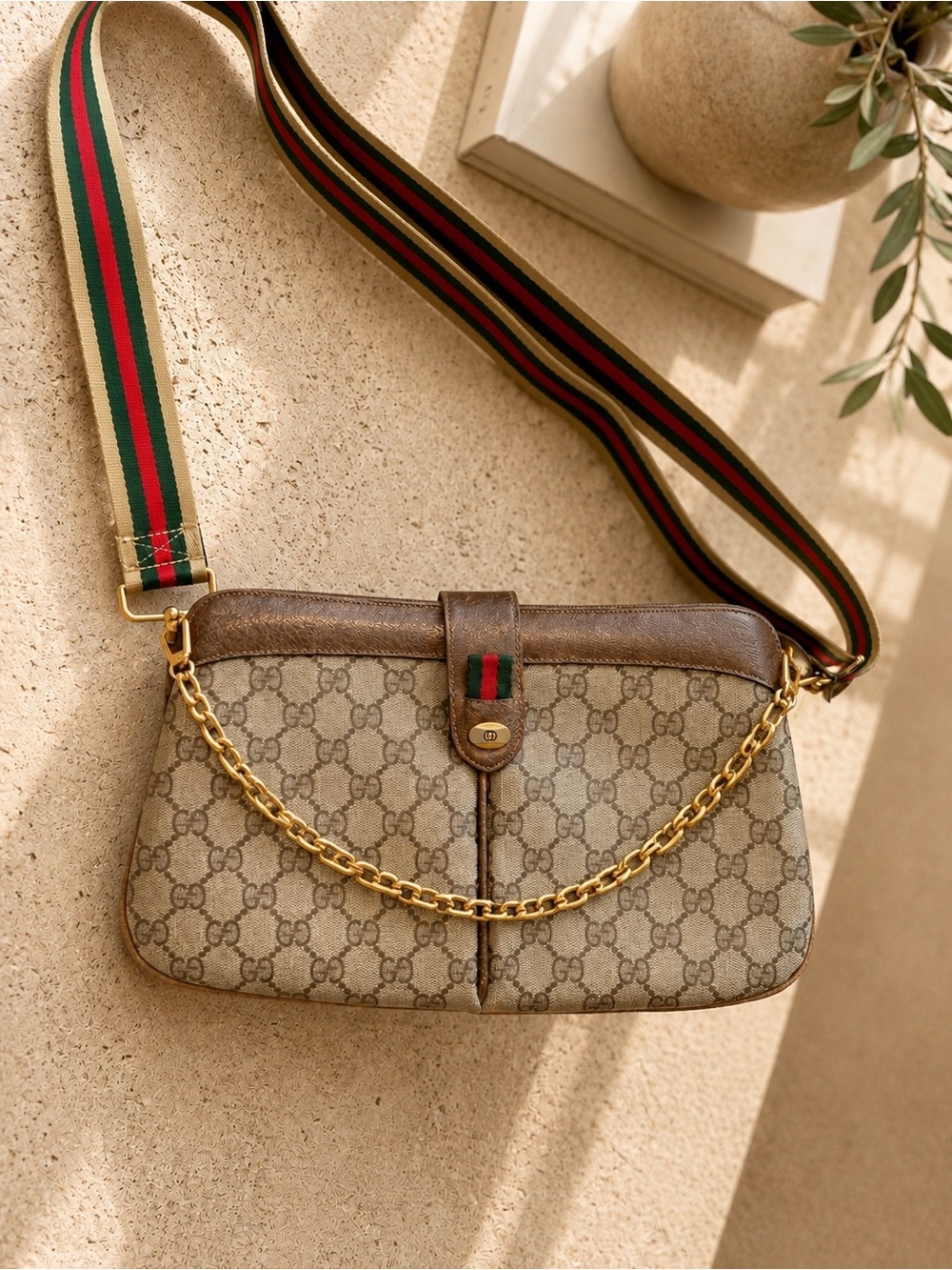 Authentic Vintage Gucci GG Supreme Web Sherry Line Shoulder Bag – Beige PVC Gold